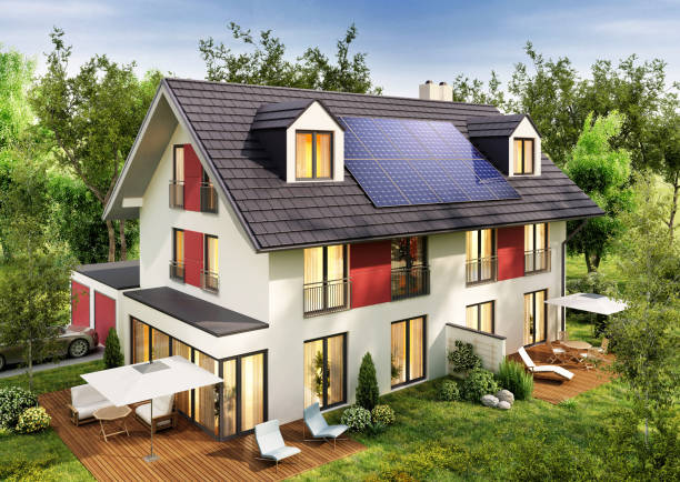 istock Modern townhouse with solar panels on the roof 1173146622