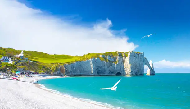 Photo of Picturesque panoramic landscape on the cliffs of Etretat. Natural amazing cliffs. Etretat, Normandy, France, La Manche or English Channel. Coast of the Pays de Caux area in sunny summer day. France