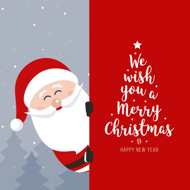 ilustraciones, imágenes clip art, dibujos animados e iconos de stock de cartel de santa claus. feliz navidad y feliz año nuevo tarjeta de felicitación navideña - papa noel