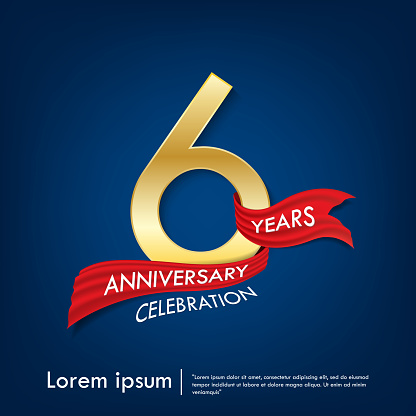 6th years anniversary celebration emblem. anniversary elegance golden logo with red ribbon on dark blue background, vector illustration template design for celebration greeting and invitation card