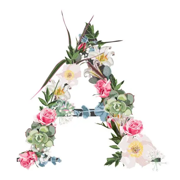 Vector illustration of Watercolor style Floral Monogram Letter A with many kind of flowers and succulent.