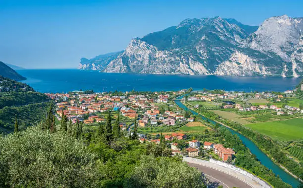Panoramic view of Riva del Garda on Lake Garda. Province of Trento, Trentino Alto Adige, Italy.