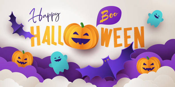 glücklich halloween gruß banner oder party-einladung mit urlaub kalligraphie, wolken, kürbisse, fledermäuse und niedliche geister auf weißem violetten hintergrund - violet stock-grafiken, -clipart, -cartoons und -symbole