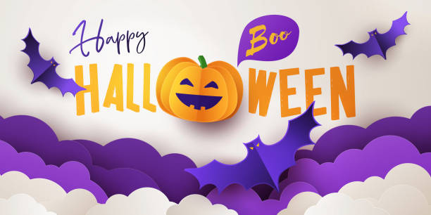 glücklich halloween gruß banner oder party-einladung mit urlaub kalligraphie, wolken, niedlichen kürbis und fledermäuse auf weißem violetten hintergrund - kunst und handwerkserzeugnis stock-grafiken, -clipart, -cartoons und -symbole