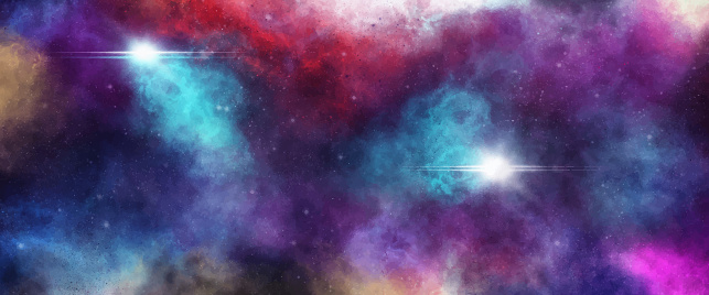 Vector illustration of a colorful space themed background, with starts, nebulas and lots of mysteries and adventures ahead. Ideal for design projects, presentations and technology ideas and concepts.