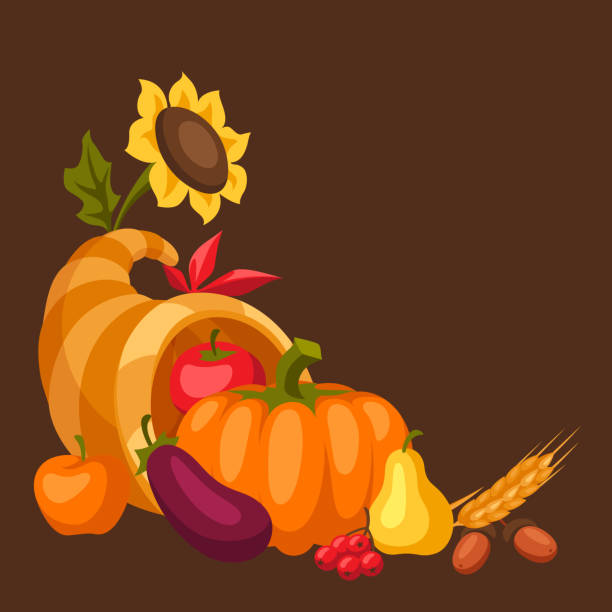 с днем благодарения рог изобилия. - thanksgiving fruit cornucopia vegetable stock illustrations