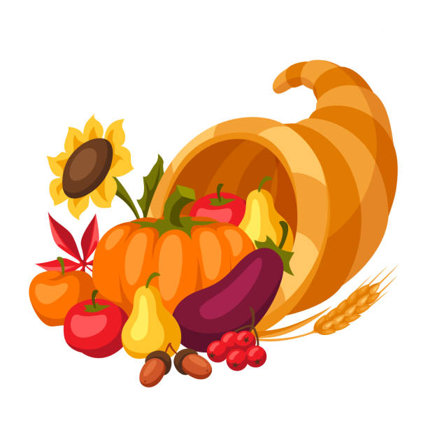 ilustraciones, imágenes clip art, dibujos animados e iconos de stock de feliz cuerno del día de acción de gracias de abundancia. - thanksgiving fruit cornucopia vegetable