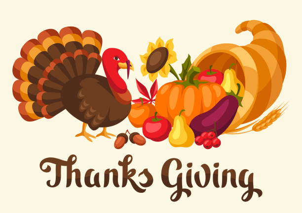 ilustrações de stock, clip art, desenhos animados e ícones de happy thanksgiving day card with holiday objects. - cornucopia november pumpkin leaf