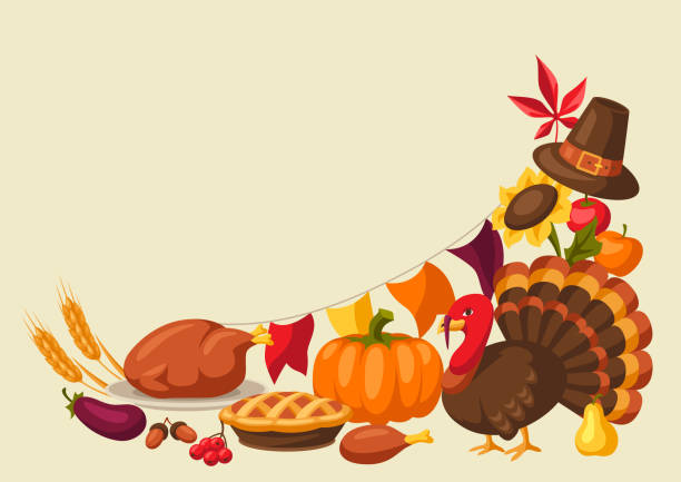 с днем благодарения поздравительная открытка с объектами. - thanksgiving frame food crop stock illustrations