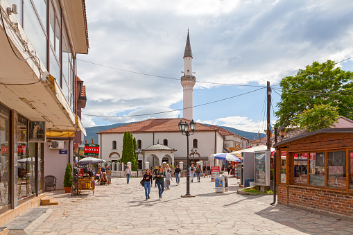 Skopje, North Macedonia - May 20 2019: Street on the old town heading to Murat Pasha Mosque (Мурат Пашина Џамија).