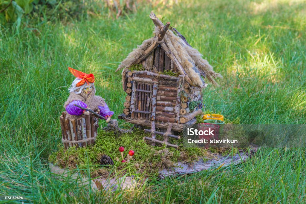 Baba yaga and her house Garden decoration of russian fairy tall Fairy Stock Photo