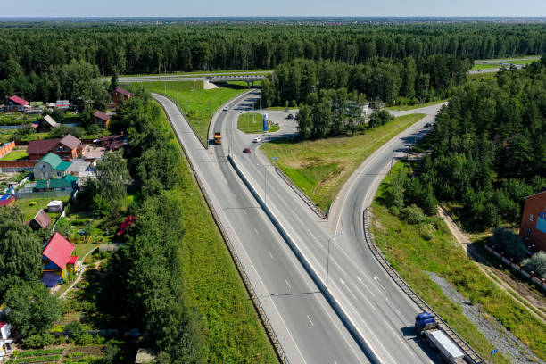 istock Aerial view of modern roads interchange. Tyumen 1173160855