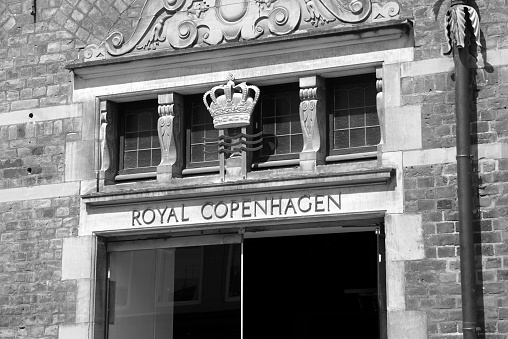 Copenhagen, Denmark - July 20, 2019: Wall sign of Royal Copenhagen porcelain shop.