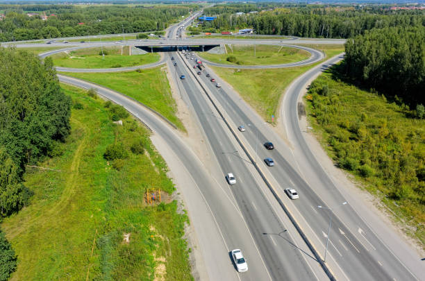 istock Aerial view of highway interchange on Irbitskiy trakt 1173160954