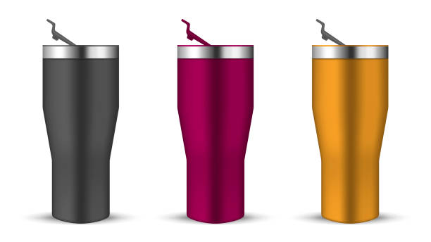 illustrazioni stock, clip art, cartoni animati e icone di tendenza di tazza tumbler con coperchio push-in aperto, mockup vettoriale realistico. bottiglia d'acqua, set di mock-up a colori. tazze termo da viaggio isolate su sfondo bianco, modello - insulated drink container bottle container white background