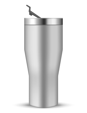 Tumbler cup with closing flip lid, realistic vector mockup. Stainless steel water bottle, mock-up. Travel thermo mug, template.