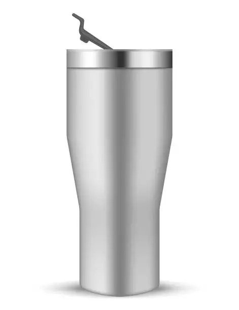 Vector illustration of Tumbler cup with closing flip lid, realistic vector mockup. Stainless steel water bottle, mock-up. Travel thermo mug, template