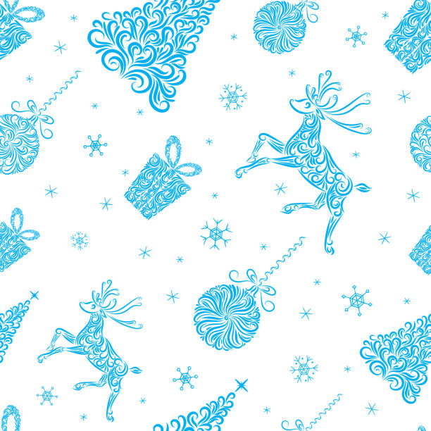 크리스마스 원활한 패턴입니다. 크리스마스 트리, 크리스마스 공, 순록과 선물의 집합입니다. 파란색과 흰색 색상의 이미지입니다. 포장. 섬유. 새해. 장식과 디자인에 대한 벡터 그림. - natal stock illustrations