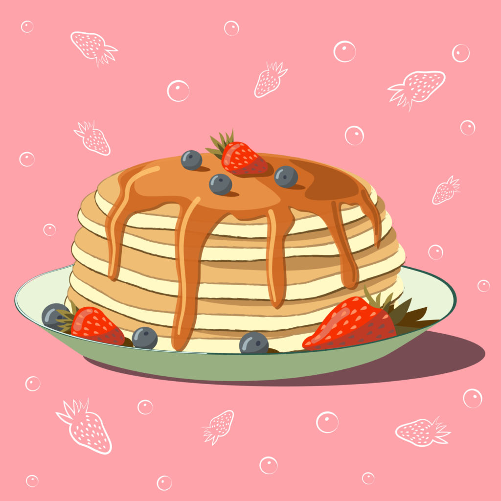Pancakes on a plate with maple syrup and berries. Tasty breakfast. Strawberries, blueberries. Vector illustration.