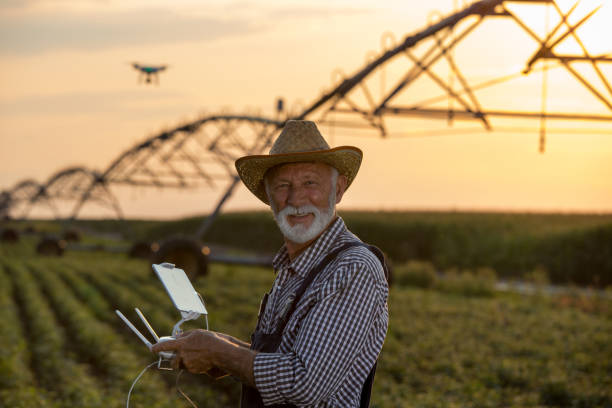 istock Farmer driving drone in field with irrigation system 1173166570