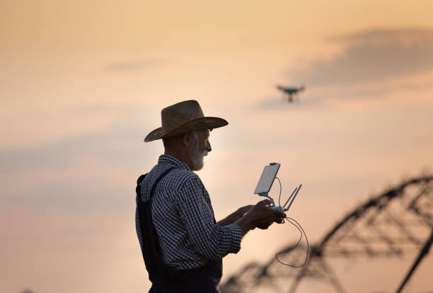 istock Farmer driving drone in field with irrigation system 1173166681