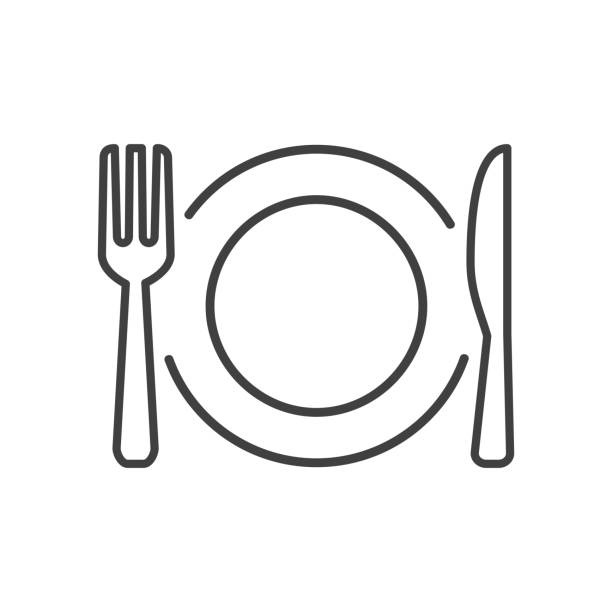 Plate, fork and knife line icons - stock vector Plate, fork and knife line icons - stock vector dinner stock illustrations