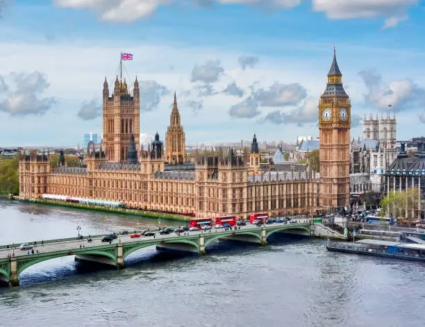 Photo of Houses of Parliament with Big Ben tower and Westminster bridge, UK