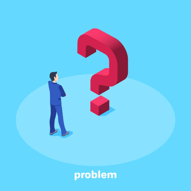 problem isometric vector image on a blue background, a man in a business suit faces a big red question mark, solution to a problem or task isometric question mark stock illustrations