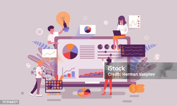 Flat Web Page Design Template Of Business Statistic Homepage Or Header Decorated People Character - Arte vetorial de stock e mais imagens de Marketing