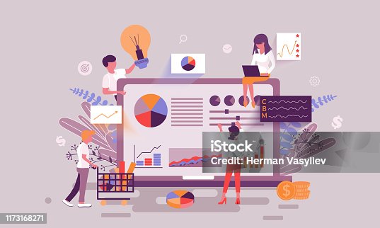 istock Flat web page design template of business statistic homepage or header decorated people character 1173168271