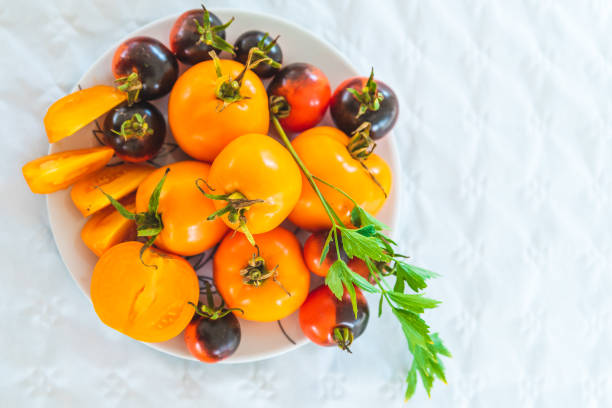 istock Freshly picked tomatoes, served on a plate on the table as decoration 1173179043