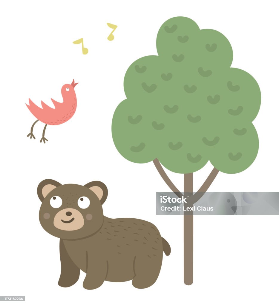 Vector Phong Cách Hoạt Hình Vẽ Tay Gấu Phẳng Lắng Nghe Con Chim ...