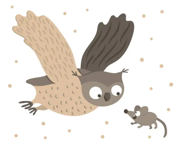 Vector illustration of Vector hand drawn flat owl flying with spread wings for scared mouse. Funny hunt scene with woodland bird. Cute forest animalistic illustration for children’s design, print, stationery