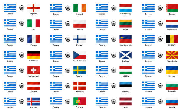 Vector Set of banners with flags to illustrate the sporting rivalry between Greece and European countries. Set of banners to illustrate the sporting rivalry between Greece and European countries. Vector waving flags isolated on white background. шмель с цветочною пыльцой stock illustrations