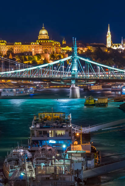cruise ships in Budapest city, Hungary. Night scene