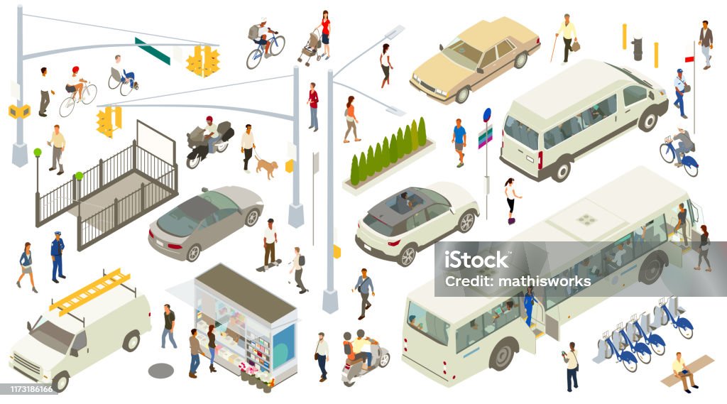 Isometric Street Icons A varied, detailed set of city street icons include traffic lights, lamppost, signs, subway entrance, fire hydrant, bike rack, newsstand, bench, manhole cover, and a row of shrubs. People are seen walking, biking, and carrying bags and jackets. A person in a wheelchair, a dog walker, police officer, a person using inline skates, and a variety of other people can be seen. People can also be seen on and inside vehicles, which include a city bus, shuttle van, SUV, sports car, 1980s-style sedan, motorcycle, moped, and bicycles. Isometric Projection stock vector