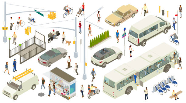 Isometric Street Icons A varied, detailed set of city street icons include traffic lights, lamppost, signs, subway entrance, fire hydrant, bike rack, newsstand, bench, manhole cover, and a row of shrubs. People are seen walking, biking, and carrying bags and jackets. A person in a wheelchair, a dog walker, police officer, a person using inline skates, and a variety of other people can be seen. People can also be seen on and inside vehicles, which include a city bus, shuttle van, SUV, sports car, 1980s-style sedan, motorcycle, moped, and bicycles. mode of transport illustrations stock illustrations