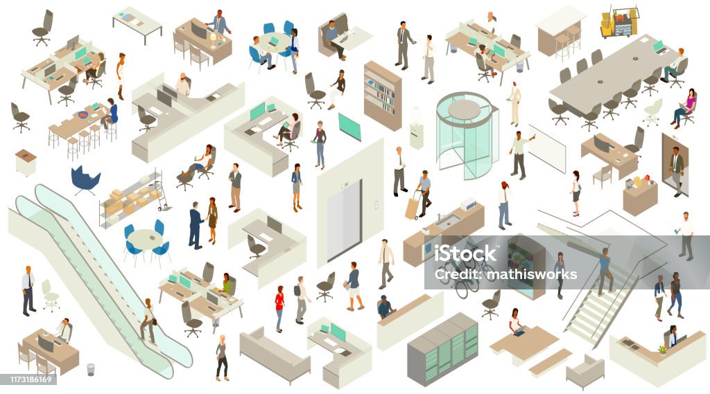 Isometric Office Icons A detailed, varied set of icon illustrations with an office theme include a revolving door, escalator, elevator entrances, stairway, desks, cubicles, a conference table, storage shelves, cleaning cart, drink refrigerator, coffee machine, water cooler, and desk chairs. People include businessmen, business women, casually dressed employees, a delivery person, a security guard at desk, and receptionist. Technology includes desktop and laptop computers, smart phones, a rack of servers, and tablets. Isometric Projection stock vector
