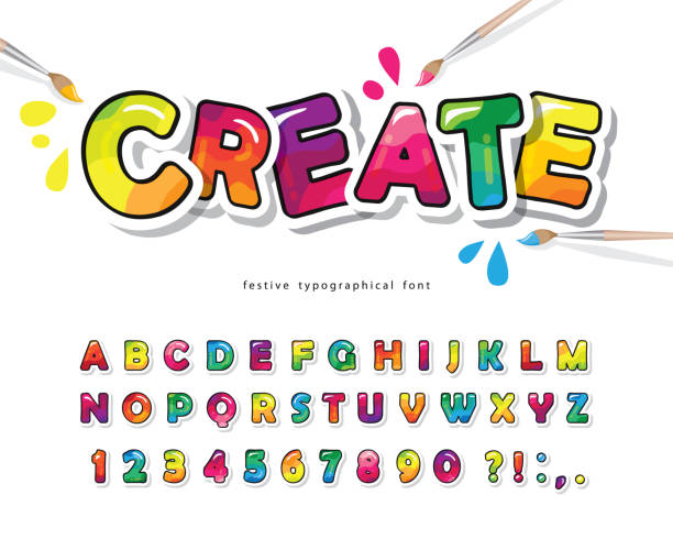 아이들을위한 만화 다채로운 글꼴입니다. 창조적 인 페인트 abc 문자와 숫자. 밝은 광택 알파벳입니다. 용지를 잘라냅니다. 포스터, 배너, 생일 카드. 벡터 - alphabet abc set art stock illustrations