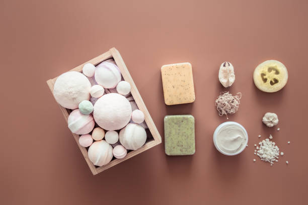 istock Spa composition with body care items on a colored background. 1173190030