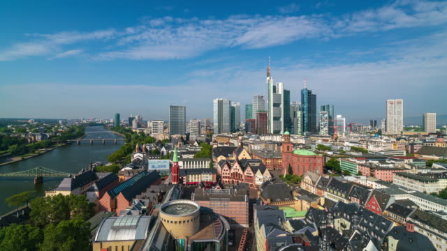 Panoramic aerial view of Frankfurt urban skyline, 4k time lapse