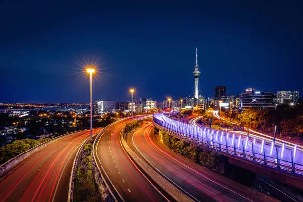 Photo of New Zealand Auckland Light Path City Highway Traffic at Night
