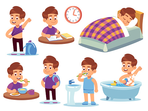 Boy daily activities. Little kid sleeps bed, wake up and takes bath, does homework and eats in school. Routine active vector eating sitting happy tidying isolated cartoon set