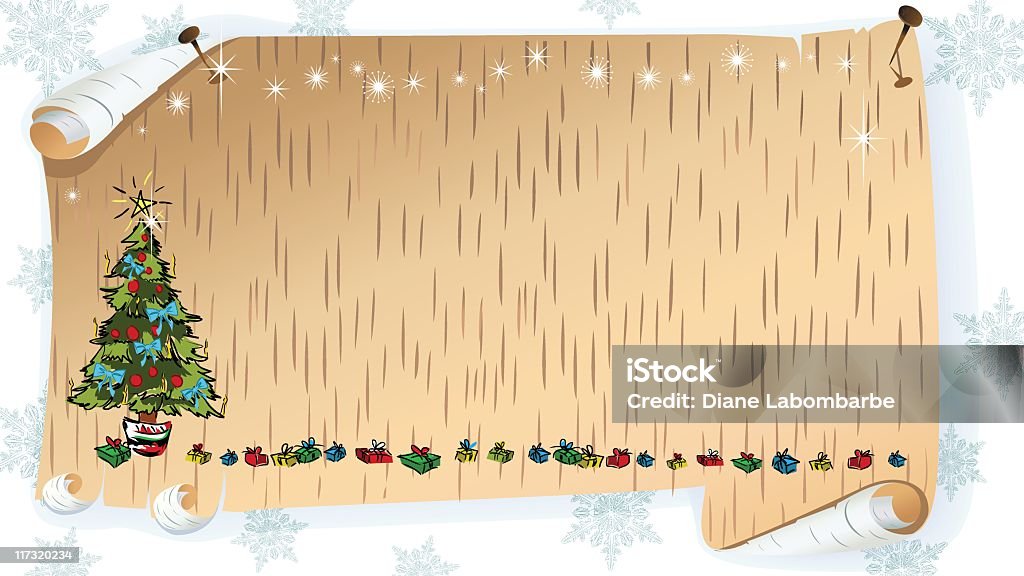 Retro Christmas on Birch Bark A long piece of birch bark with a Christmas scene hanging on a snowflake patterned wall. Backgrounds stock vector
