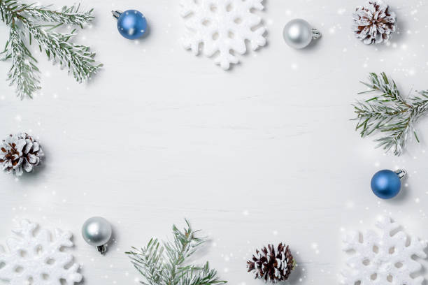 istock Bright Christmas composition, blank for design - snowflakes, Christmas tree branches and cones, copy space, place for text, flatlay 1173205474
