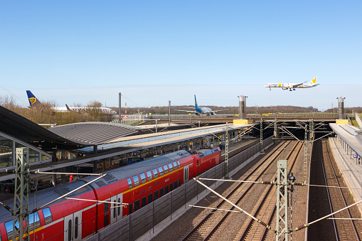 Dusseldorf, Germany – March 24, 2019: Railway Station at Dusseldorf airport (DUS) in Germany.