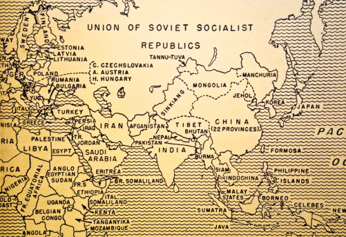 A map of the Soviet Union, the middle East, East Asia and China from a 1930s era textbook.