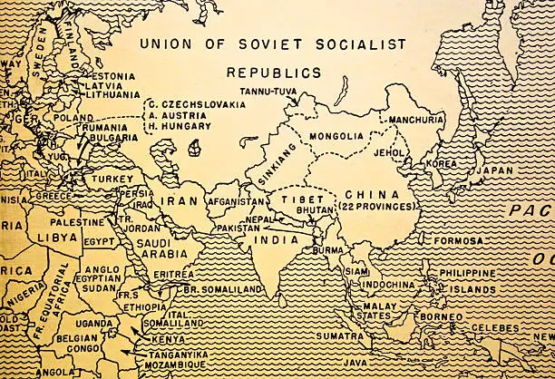 A map of the Soviet Union, the middle East, East Asia and China from a 1930s era textbook.