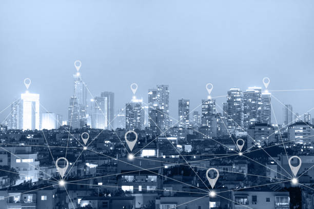 istock Map gps pin flat above blue tone city scape and network connect 1173217028