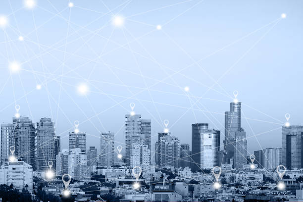 istock Map gps pin flat above blue tone city scape and network connect 1173217030